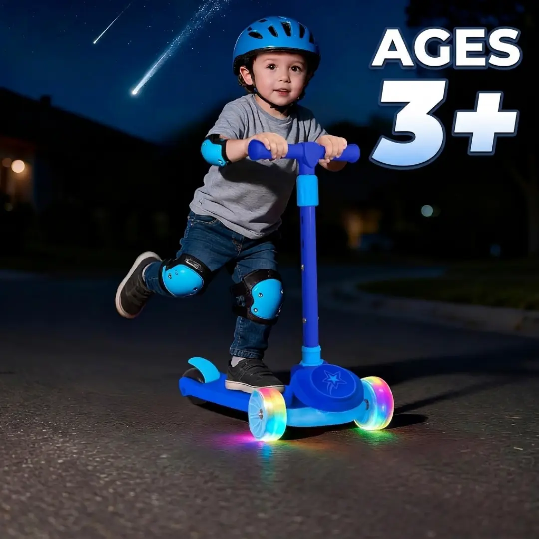 Nattork Kids Scooter with Glow Wheels for Night Safety, 3-Wheel Stable Design, Lean-to-Steer, 3 Height Adjustable, Anti-Slip Deck, Foldable, Dusk Outdoor Safe Ride for Kids Ages 3-8