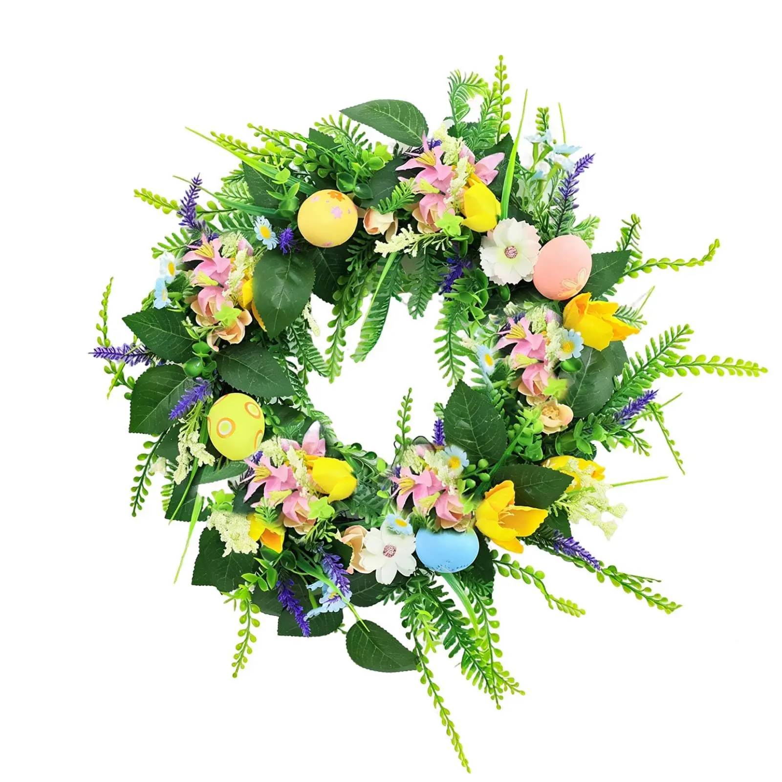 Garvee 18-in Round Plastic Spring Easter Egg Wreath, Front Door Decoration with Artificial Flowers & Greenery, Indoor-Outdoor Home Ornaments Hanging Decor