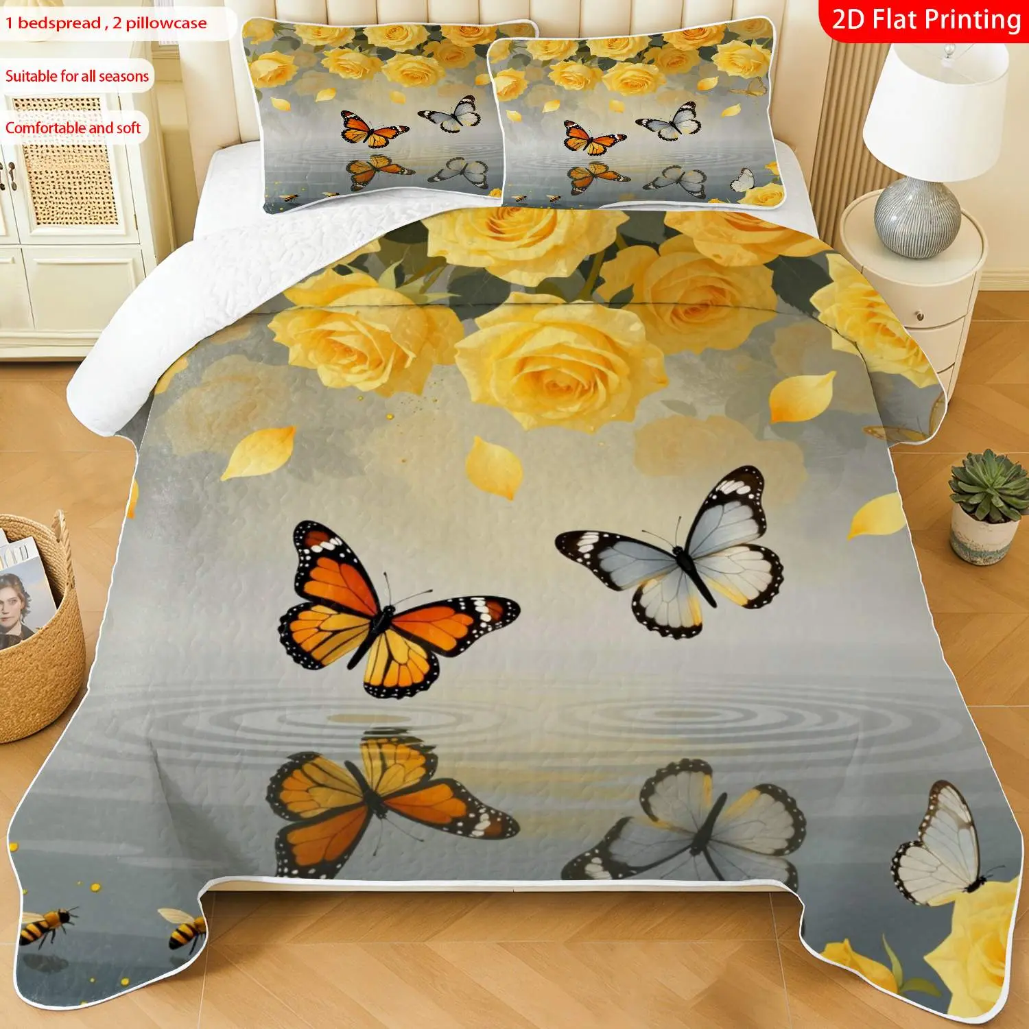 3pcs, 2D flat print Yellow Rose Butterfly Pattern Bedspread Set, Romantic Floral Theme, multiple sizes available, bedding set, festive decorative bedding, ideal for bedroom décor(1 bedspread , 2 pillowcase)