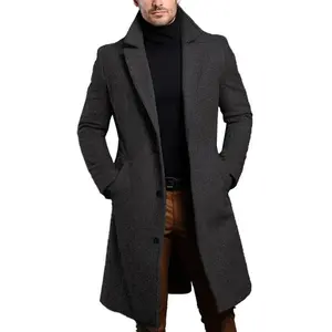 Men’s long warm wool trench coat, solid color, single-breasted, wool blend overcoat — coats clothing