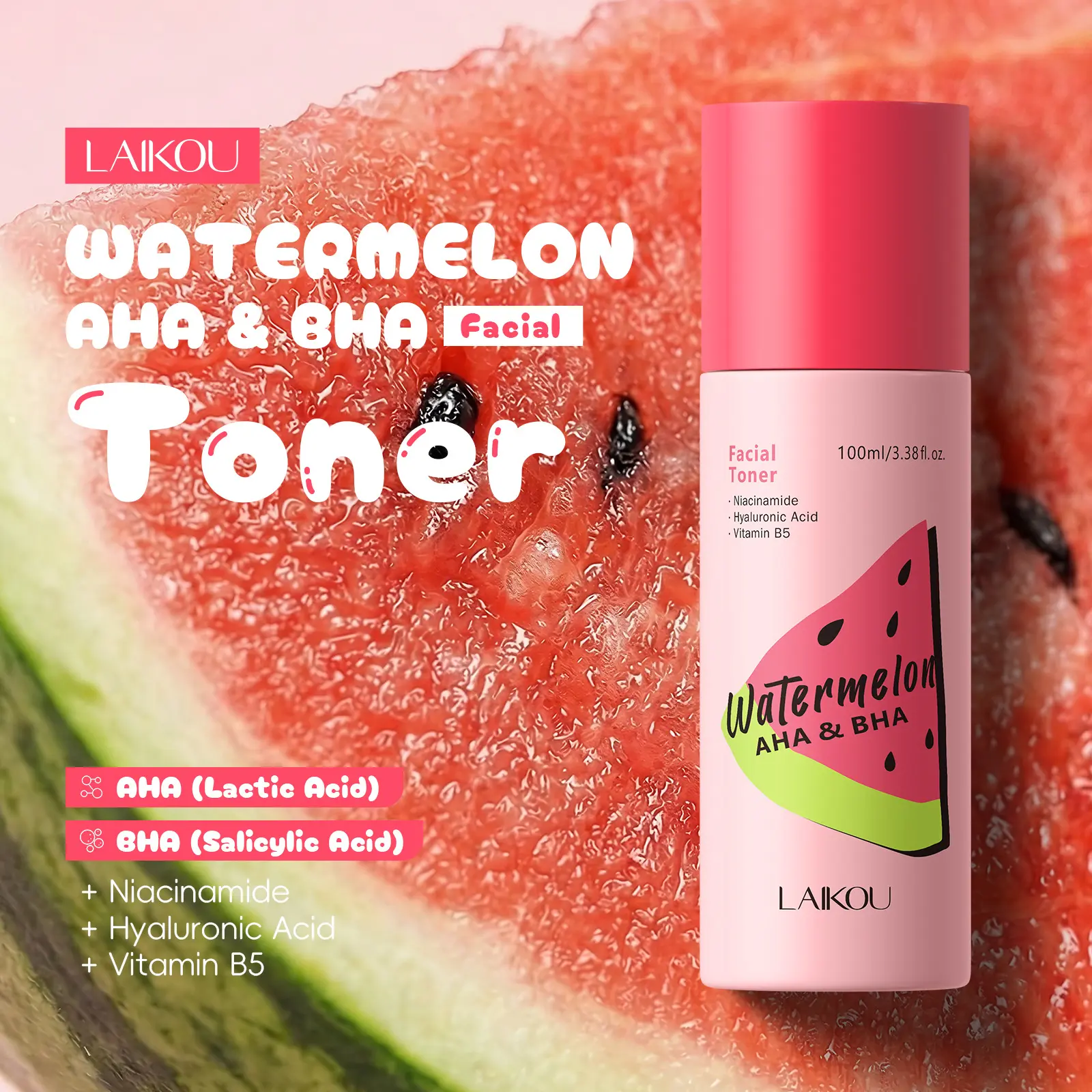 Watermelon + Glycolic Bha Salicylic Acid Cleansing Pore Purifying Toner Water 100ML, Gentle Exfoliating Toning Acne Treatment, Oil Control Balancing Skin Care