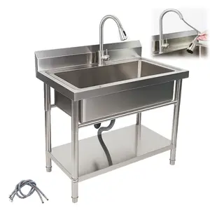 Maeklon Stainless Steel Utility Sink Free Standing, 39.5" × 23.6" × 31.5", Commercial Kitchen Single Bowl Sink with Hot And Cold Taps And Launching Kits for Kitchens,Bathrooms, Garage, Laundry Room