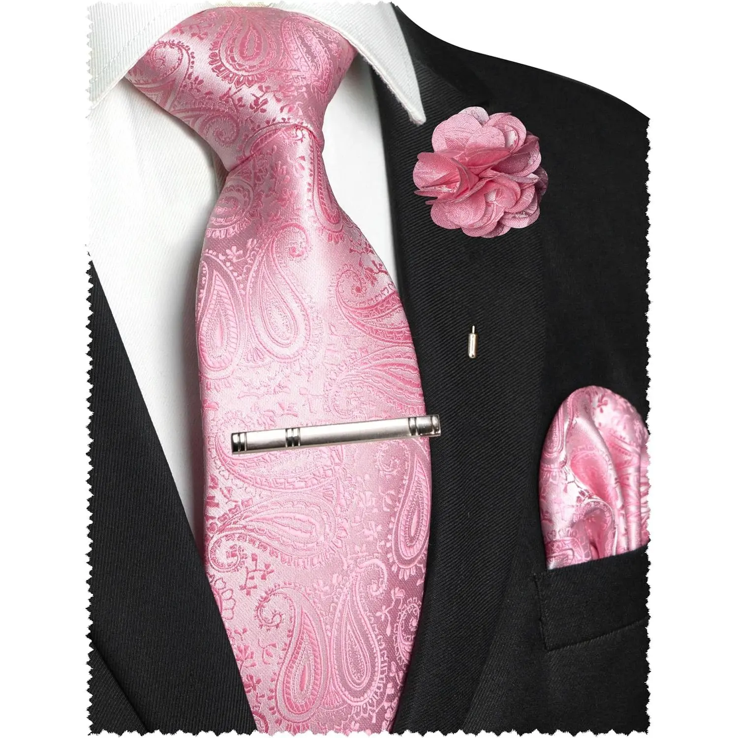 Men's Paisley Tie Set, 4-Piece Elegant Silk Blend Necktie Gift Set with Pocket Square, Lapel Pin, and Tie Clip for Business Casual, Stylish
