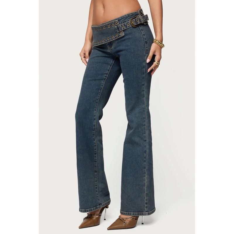 Asymmetric Grommet Belt Low Rise Flared Jeans