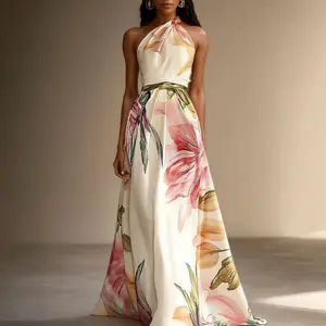 2026 New Printed Elegant Runway Party Vacation Long Dress, Artistic Ink Floral Halter Neck Dress, Socialite Style Waist-Cinching Long Evening Gown