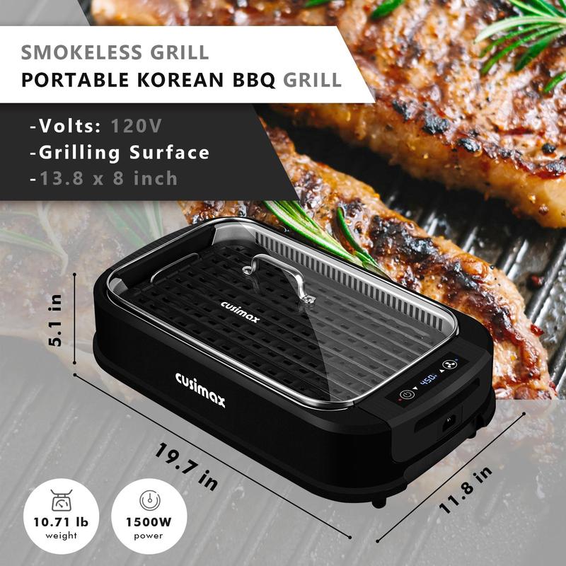 CUSIMAX Smokeless Indoor Grill Portable Electric Grill with Turbo Smoke Extractor Technology Nonstick Removable Grill Pan Glass Lid 1500 Watts for Homes and Party electric grill mini Household Appliances