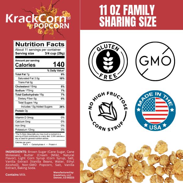 KrackCorn Popcorn Large 5-Bag Variety Pack+FREE Bag! Three Flavors. Crunchy Caramel. Savory Cheese. Spicy Jalapeno Heat. Gluten Free. Non GMO Corn. No High Fructose Corn Syrup.