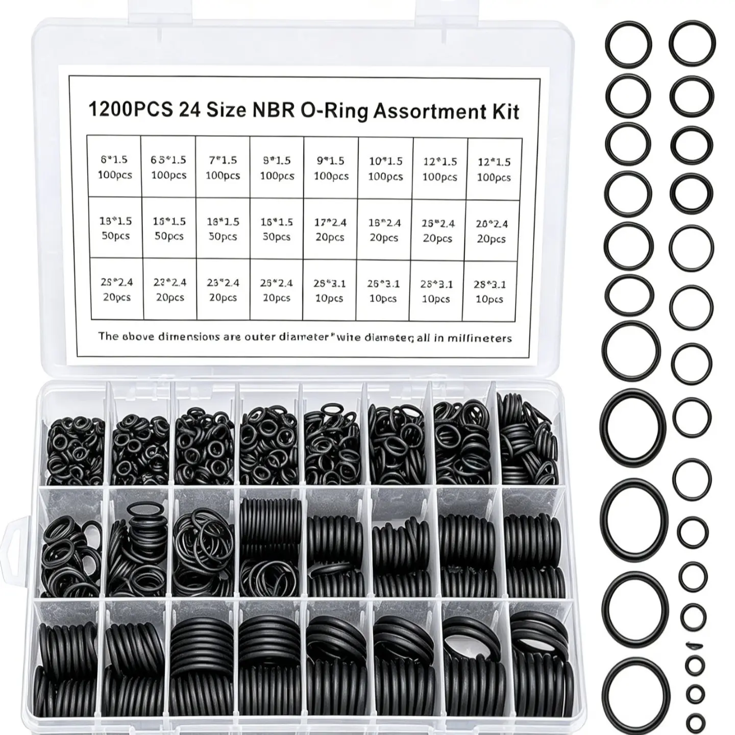 1200pcs 24 Size O Ring Size Nitrile Rubber Oring AssortmentSet for Car Auto Vehicle Repair Faucet Plumbing Air or GasSealing Connections