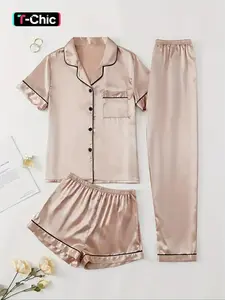 Women's 3pcs Solid Contrast Binding Lapel Collar Button Front Shirt & Elastic Waist Shorts & Pants Satin Pyjama Set, Casual Comfy Top & & Trousers PJ Pajama Ladies Summer Sleepwear, Tropical Vibe, Stylish, Stretchy
