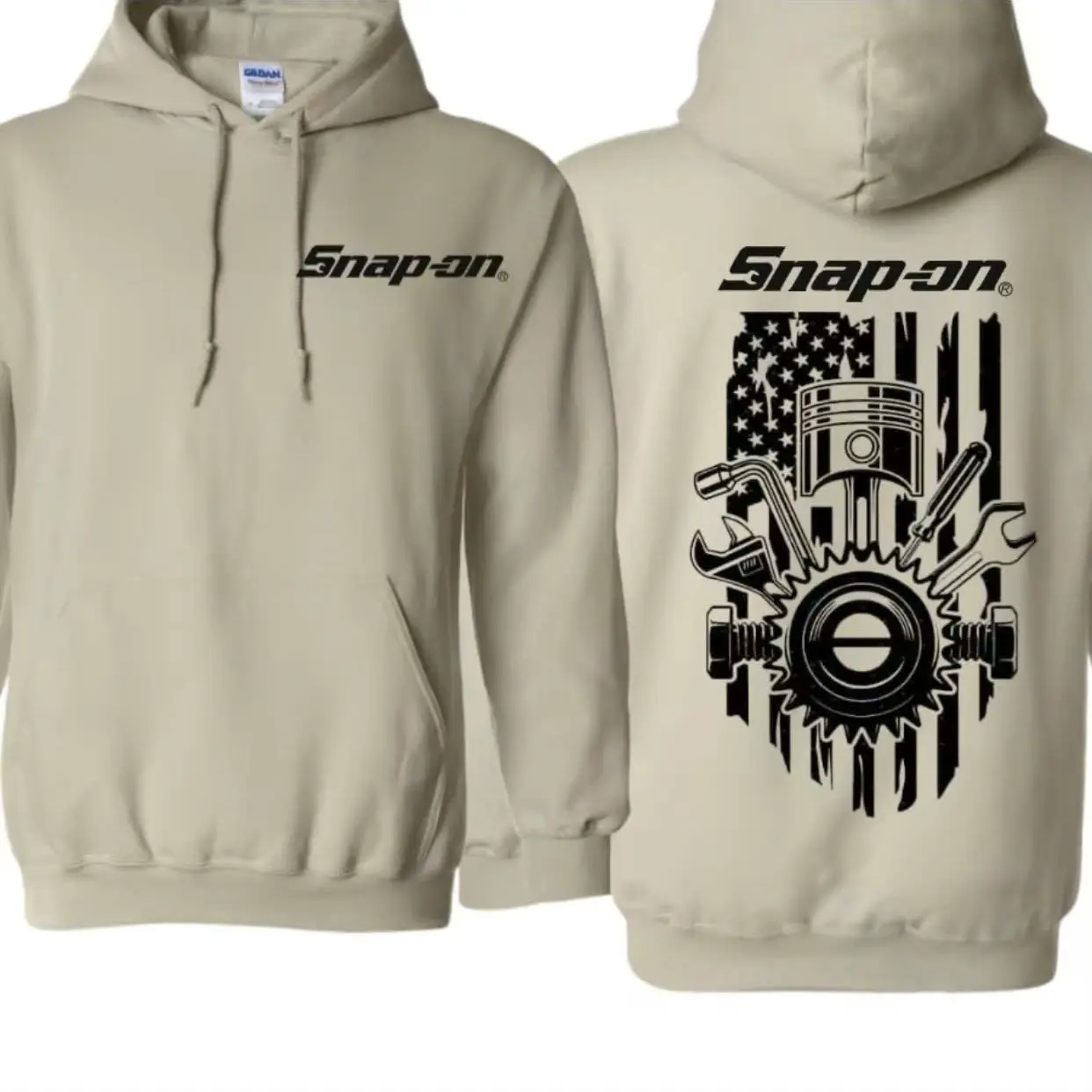 Snap On Tool Graphic Hoodie – American Flag Design with Piston & Wrench Art, Unisex Fit for Mechanics, Auto Lovers, Men & Women