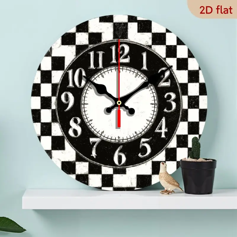 10-inch Rustic Wall Clock - Buffalo Black & White Plaid Wood Round Silent Non-Ticking Battery- Retro Decorative Clock Suitable for Home, Cafe, Office - Unique Gift Idea for &, 2D Flat