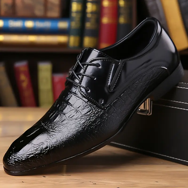Men's Casual Formal Shoes with Croco Pattern, Pointed Toe PU Leather Oxfords with Laces, All Seasons Wedding Wear Footwear, Fashion