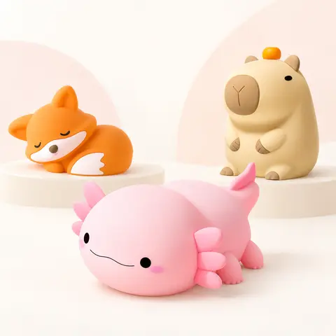 Rechargeable Kawaii Animal Night Light, Dimmable BPA-Free Silicone Touch Lamp with 2 Brightness Levels & 20-Min Auto-Off Timer, Cute Squishy Bedside Lamp for Kids Teens Adults, Axolotl Capybara Fox Bedroom Decor, Halloween Christmas Birthday Gift
