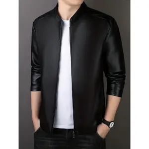 Men's Faux Leather Jacket Classic Design Stand Collar Motorcycle PU Leather Outwear Coat Fabric Menswear