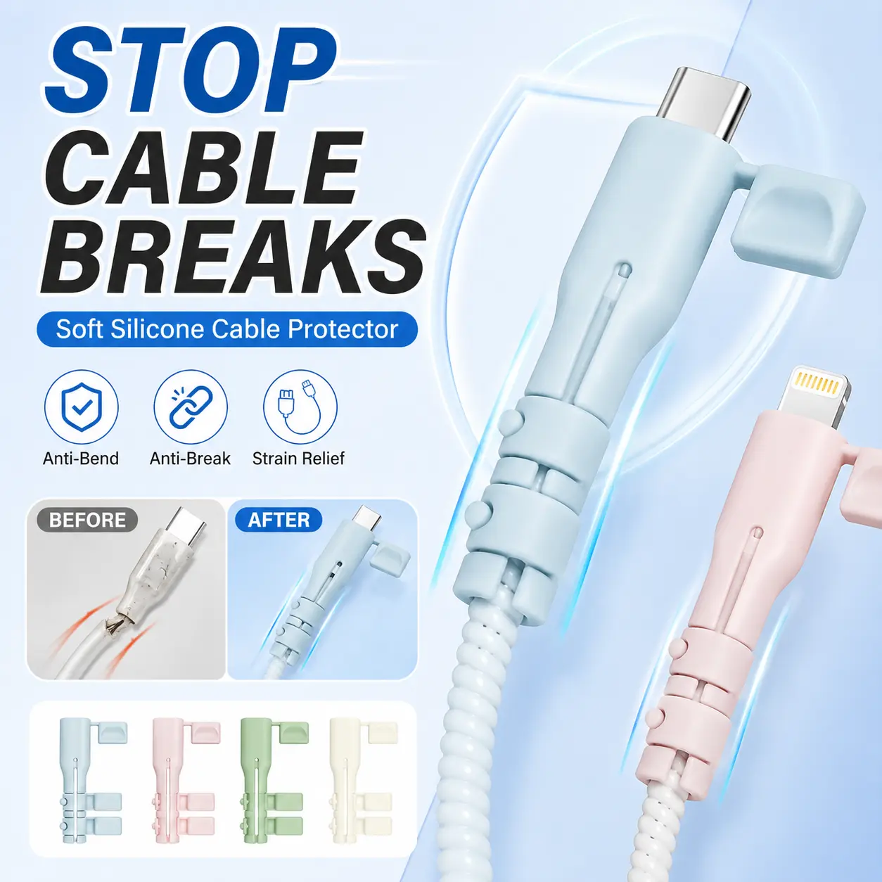 Universal Silicone Charging Cable Protector Sleeve, Anti-Bend Strain Relief Cord Saver with Connector Cap & Double Buckle, Fits Most USB-C & Lightning Cables