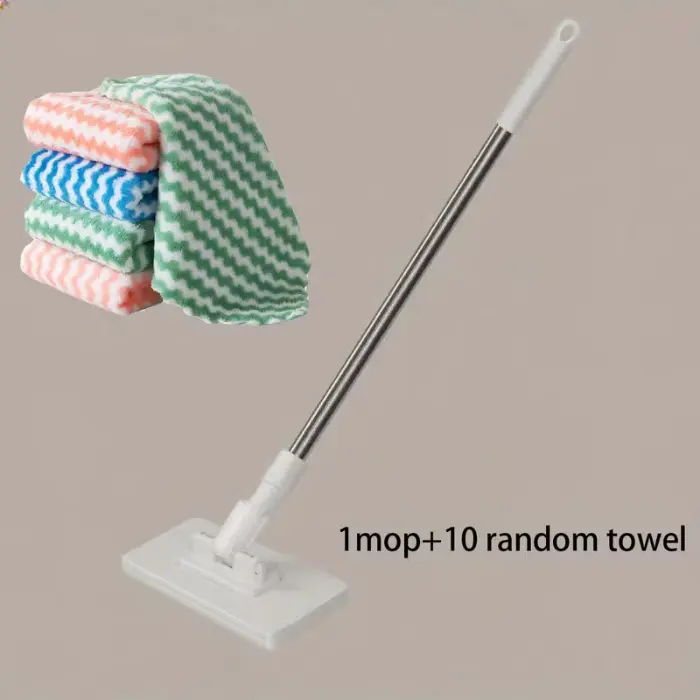 Flat Mop with 10 Towels – White Floor Mop with Stainless Steel Long Handle, Microfiber Mop Pad for Dry and Wet Floor Cleaning, Household Cleaning Mop Set