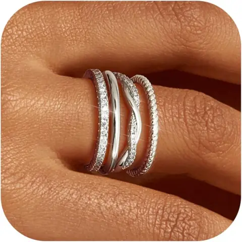 Women's Florideco 14K Gold Plated Non-Tarnish Dainty Cubic Zirconia Thin Band Set - Elegant Gold-Tone Mix-Match Stackable Pieces, Ring Stack, Double Stack Options, Sizes 5-10, Mix‑Match Stacking