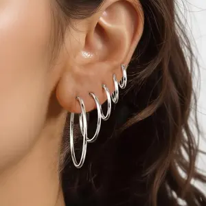 5 Pairs Silver Hoop Earrings for Women-Small 14K Gold Silver Hoops Earrings, Hypoallergenic Silver Hoop Earring for Women-Medium Big Hoops Stack Earring 10/15/20/30/40mm