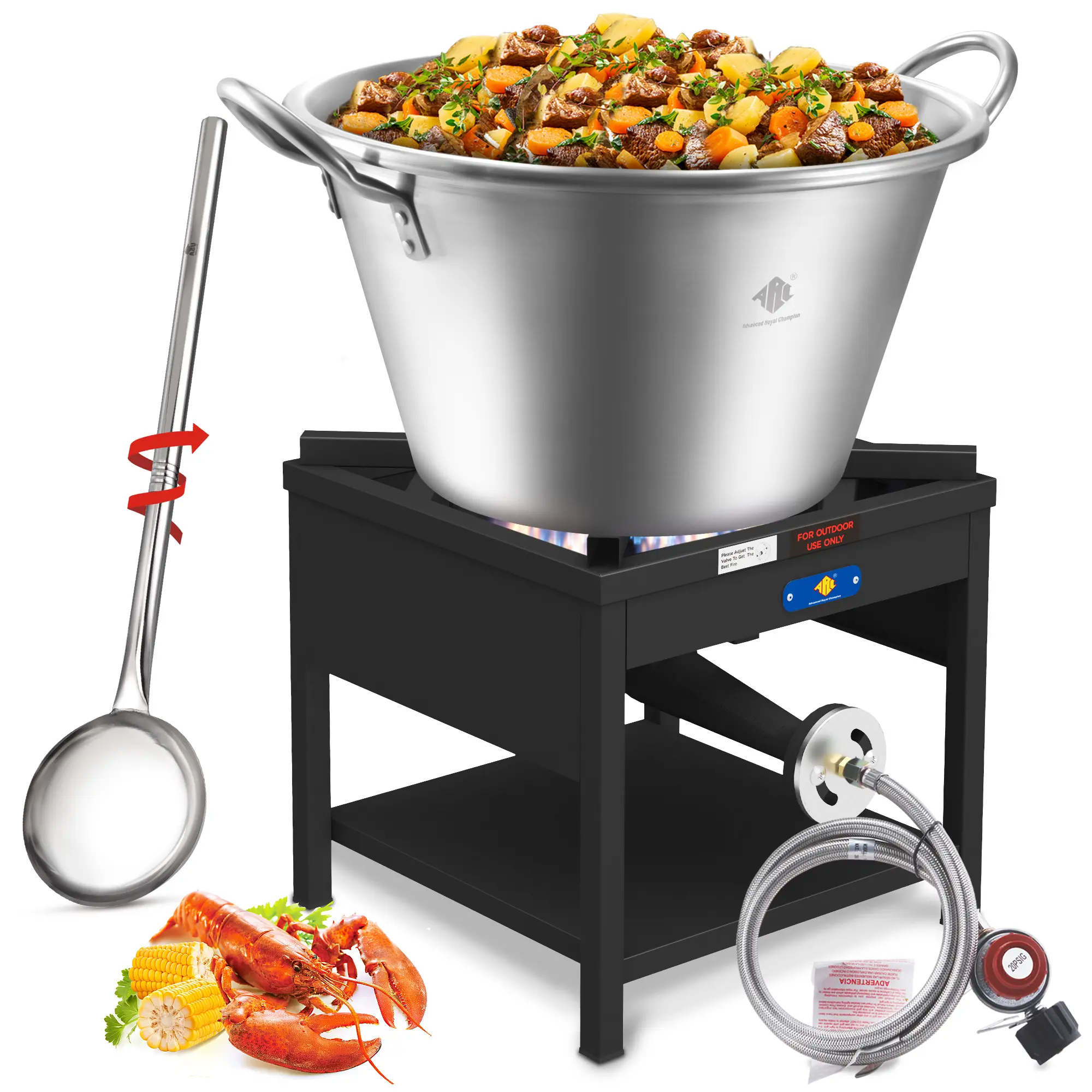 ARC 69QT Mexican Cazo Para Carnitas Set - Cast Iron & Rust-Proof Stainless Steel 25" Heavy-Duty Outdoor Wok, 200000BTU High Pressure Burner, 48" Spoon, Camping Gear & Equipment, Portable Kitchen, Windshield Design, Easy-Clean for BBQ Camping Braising
