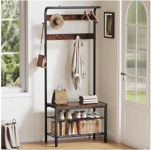 Hall Tree with Shoe Bench and Coat Rack, Entryway Bench with Shoe Storage and Hooks, 4-in-1 Coat and Shoe Rack for Entryway, Mudroom Storage Organizer with Shelves，Brown