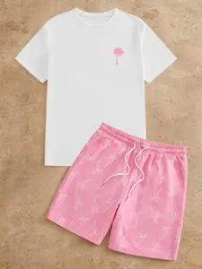 Men's Summer Matching 2-Piece Set, Tropical Coconut Tree Print Round Neck T-Shirt + Drawstring Beach Shorts, Casual Outdoor, Outfit