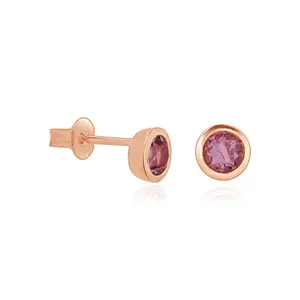 Round Amethyst Stud Earrings Bezel Set in Solid 14k Rose Gold