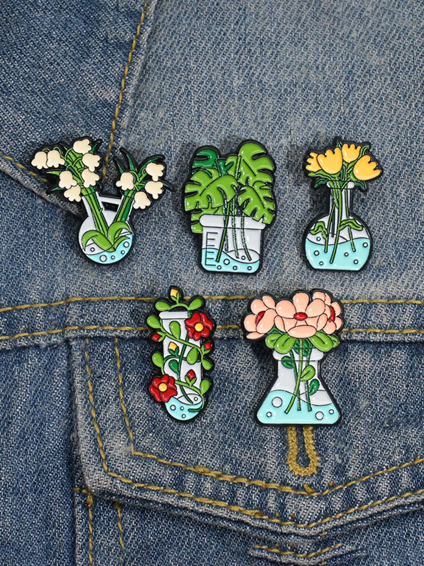 Cartoon Plant Potted Design Alloy Brooch Pin, Fashion Accessory, 5pcs Cute Plant Brooches for Party, Daily Clothing Decor, Trendy Exquisite Brooches for Birthday Gift, Flower Brooch, Plant Pins
