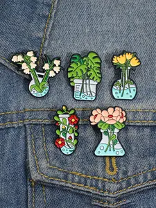 Cartoon Plant Potted Design Brooch Pin, Fashion Accessory, 5pcs Cute Plant Brooches for Party, Daily Clothing Decor, Trendy Exquisite Brooches for Birthday Gift, Flower Brooch