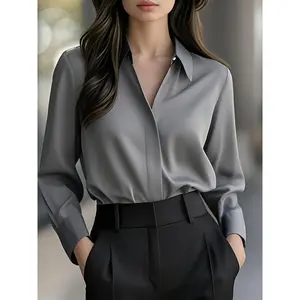 Women'sFrench-InspiredSolidColorLongSleeveShirt-ClassicPointedCollarProfessionalOfficeBlousewithSingle-ButtonClosure,RegularFitAll-SeasonVersatileTopforWork&CasualWear,FoldedWaistStyle,NontransparentFabric