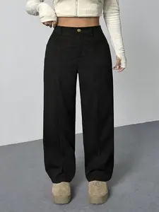 Women's Casual Versatile Corduroy Trousers with Front Pockets, Solid Color Fashion Pants with Semi-Elastic Waist for Everyday Comfort