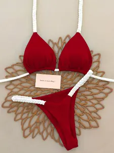 Women's French Wine Bikini Set, Braided Rope Halter Design Triangle Panty, Beachwear Swimsuit, Elegant and Stylish Swimwear, Halter Top Swimwear, Summer Beach Bikini, Ruched Halter Swimsuit