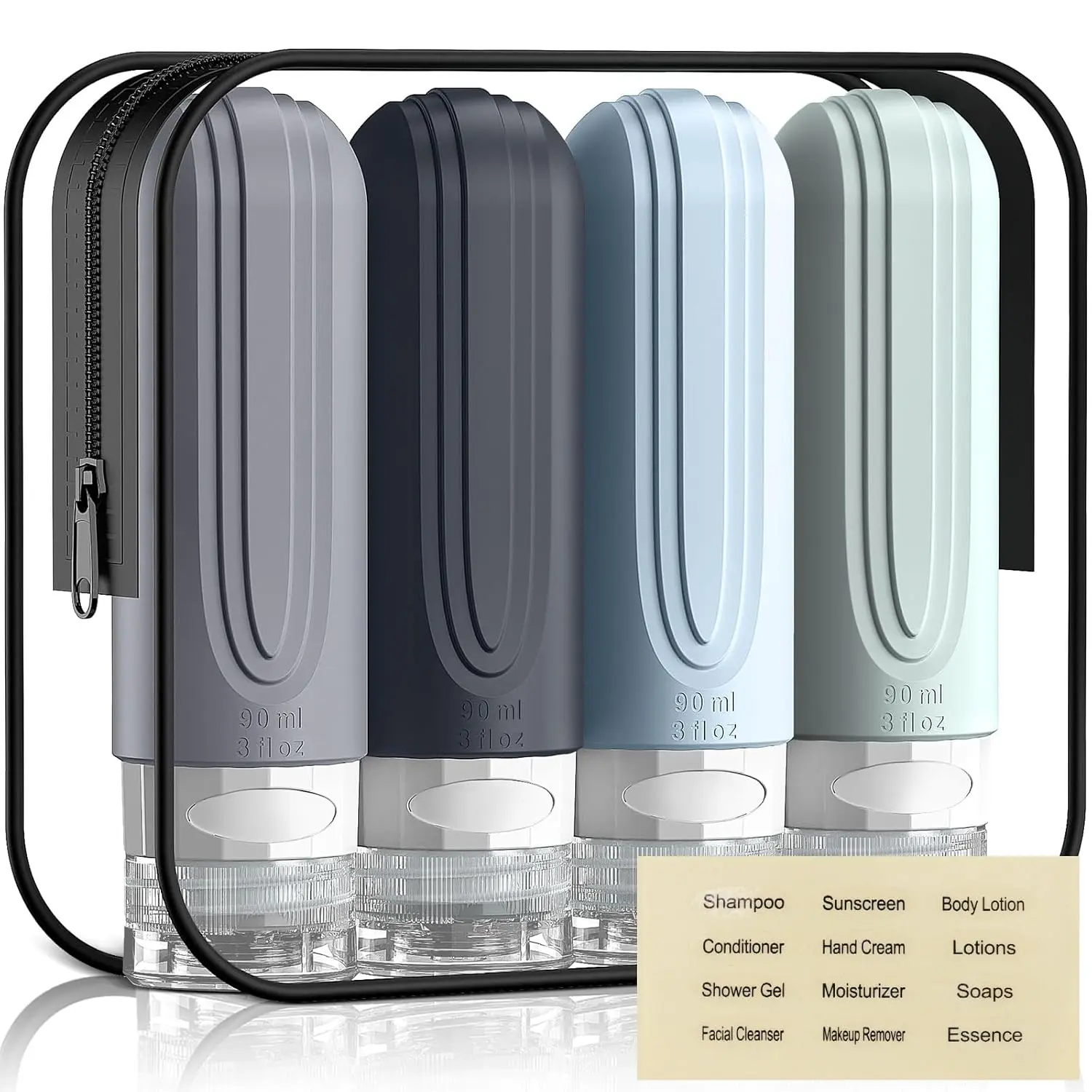 4 PCS Leakproof BPA-Free Silicone Refillable Lotion Bottles, 3oz TSA-Approved Travel Toiletries Containers with Squeeze-On Ease, Transparent Bag & Filling Funnel (Gray)