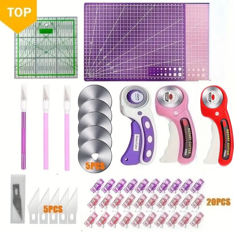 Complete Rotary Fabric Cutter Kit with A4 Cutting Mat & 5 Replacement Blades - Safety Lock Cutter, Heavy-Duty DIY Quilting Machine for Weaving, Craft Projects - Professional Fabric Cutting Tool for Home Use (for Skill Levels)