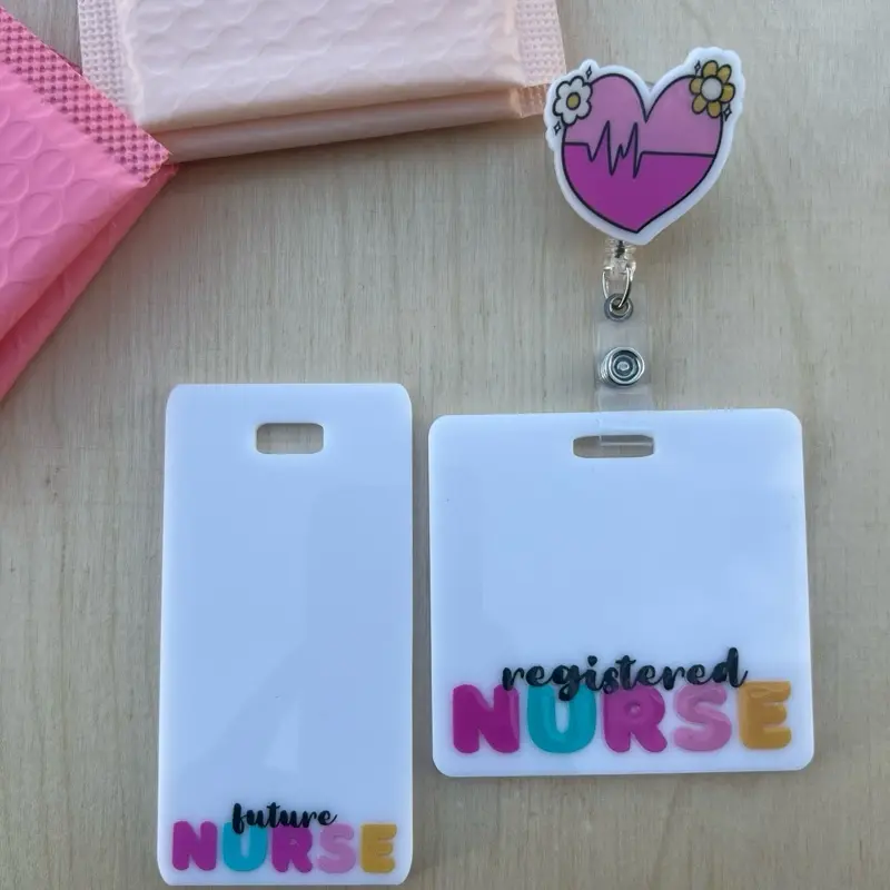 Healthcare Cute Badge Buddy & Badge Reel Set - Clear Acrylic Badge Buddy with Name Tag, Customizable Name Tag Options, Lightweight Design holders great gift