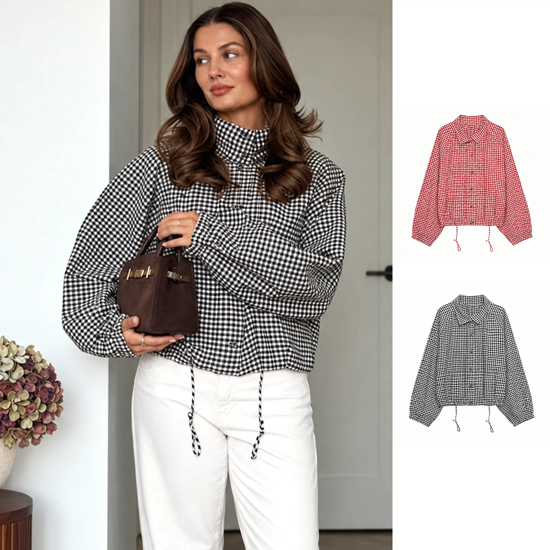 Buenoble Gingham Cropped Jacket for Women, Vintage Plaid Button‑Up Long Puff Sleeve Drawstring Hem Casual Loose Fall Outerwear