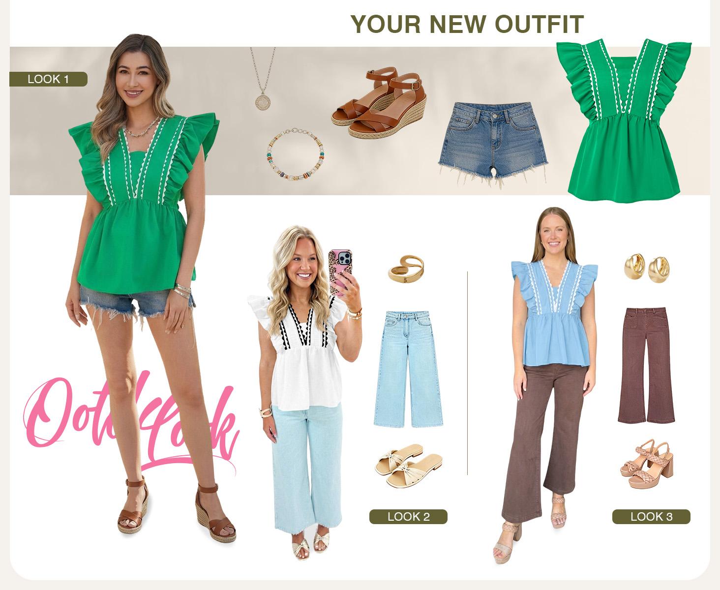 【StPatricksDay Green】TANKANEO Women’s V Neck Ruffle Sleeve Babydoll Blouse, Trim Scalloped Detail Loose Fit Summer Casual Top