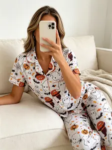 Women's Short Sleeve Button Down Top and Pants Pajama Set, All Season Wear, For Halloween, White Base Cute Ghost Pumpkin Bat Print, Classic Lapel Collar, Loose Fit, Comfortable For Halloween Parties & Home