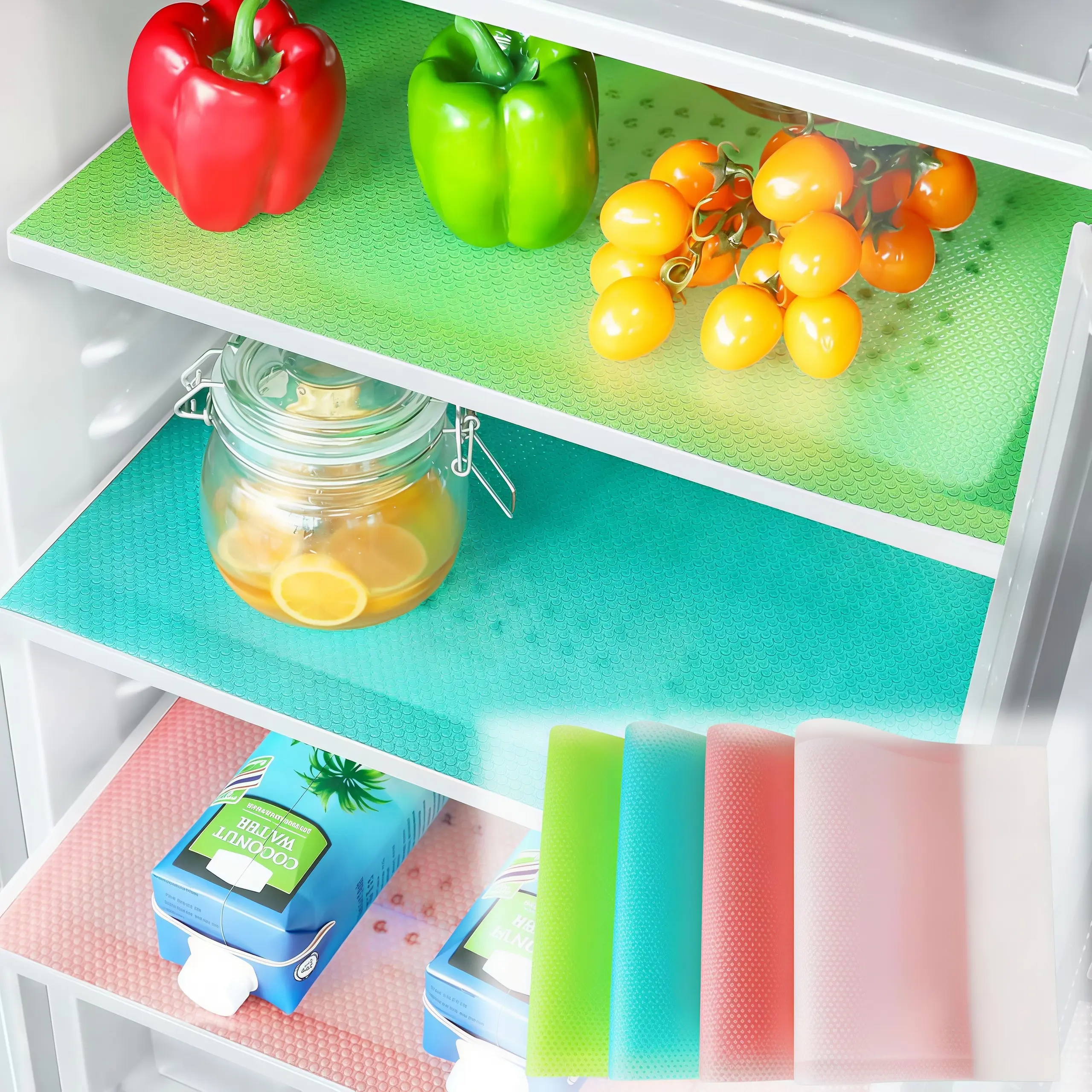 LMMAKE 12PCS Cuttable Food-Grade EVA Refrigerator Lining Mats, Non-Toxic Water-Proof Stain-Resistant Multi-Purpose Mats for Shelves, Drawers, Cabinets & Tableware Coasters