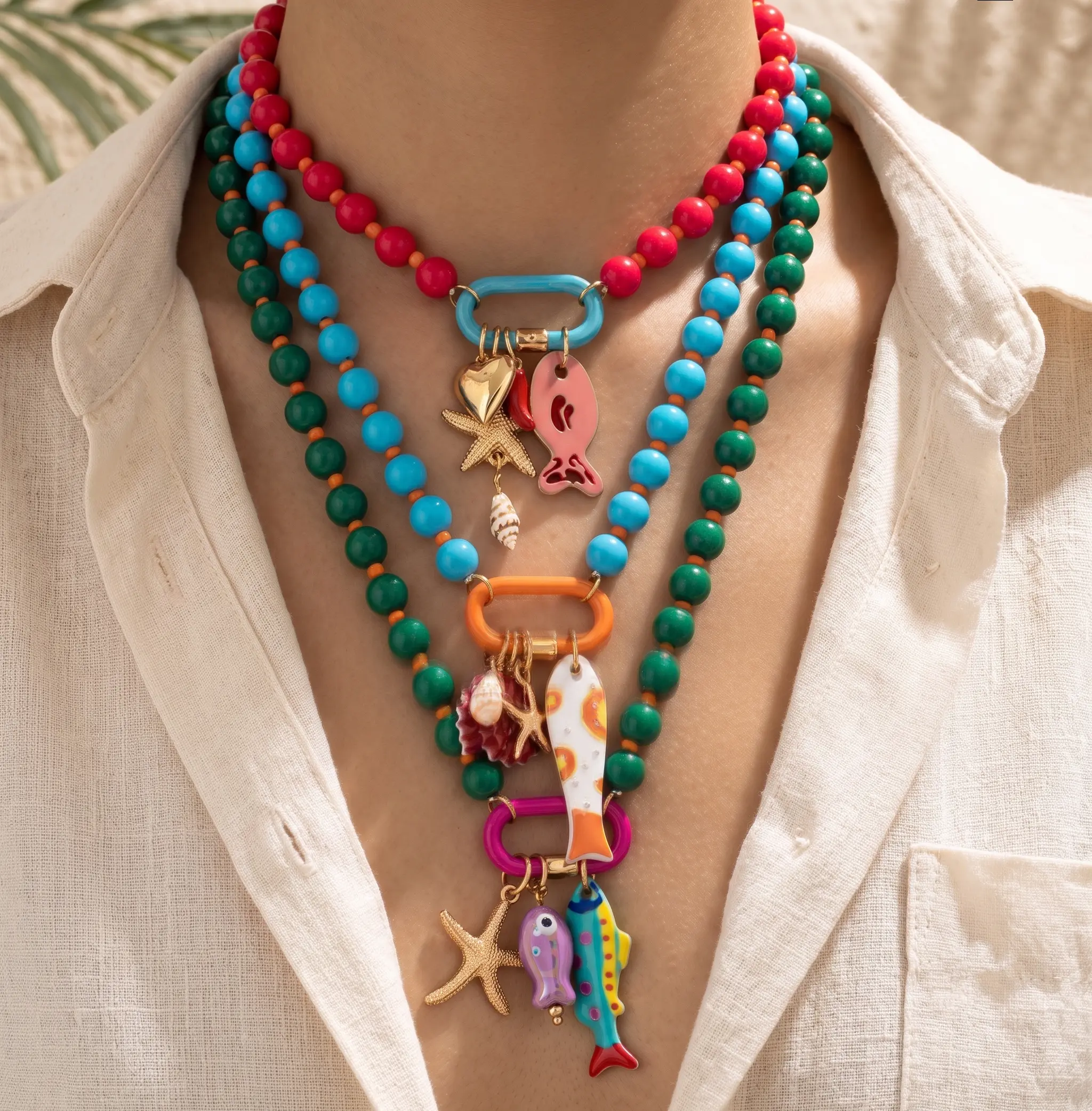3 Pack Colorful Beaded Necklace Set for Women, Ocean Charm Layered Necklace, Summer Beach Jewelry with Shell & Fish Pendants