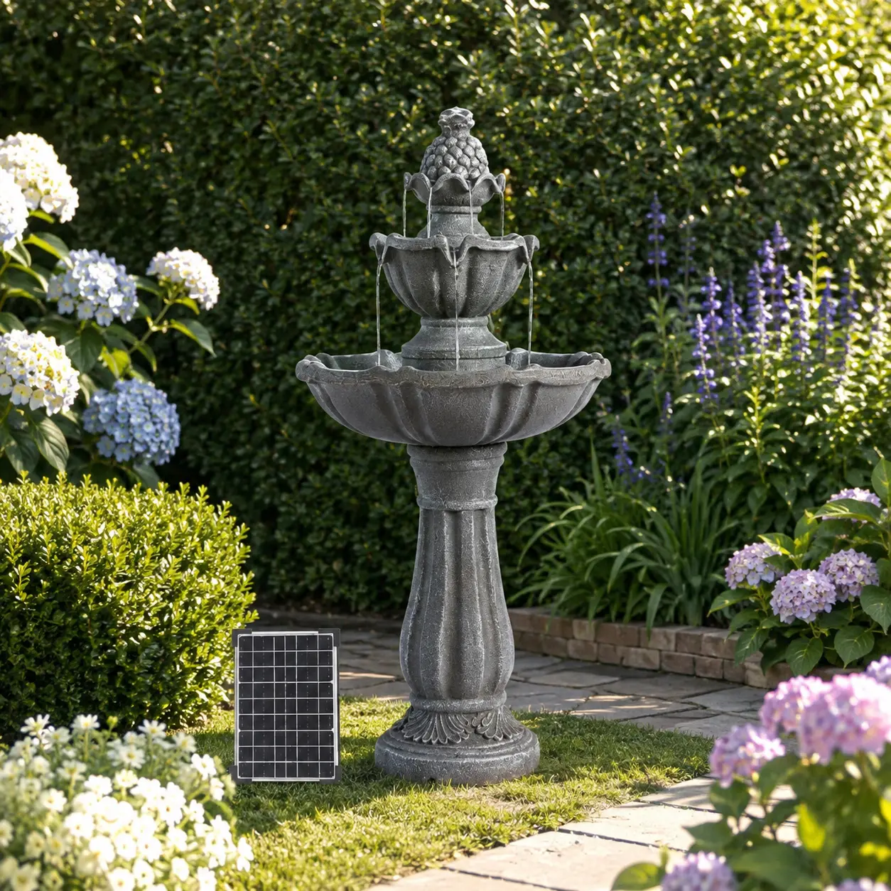 Solar Outdoor Fountain – 2-Tier Classic Design, 36.2" Grey Resin