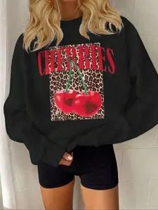Women's Cherries & Letter Print Crew Neck Sweatshirt, Casual Long Sleeve Pullover for Winter, Women's Clothes for Daily Wear