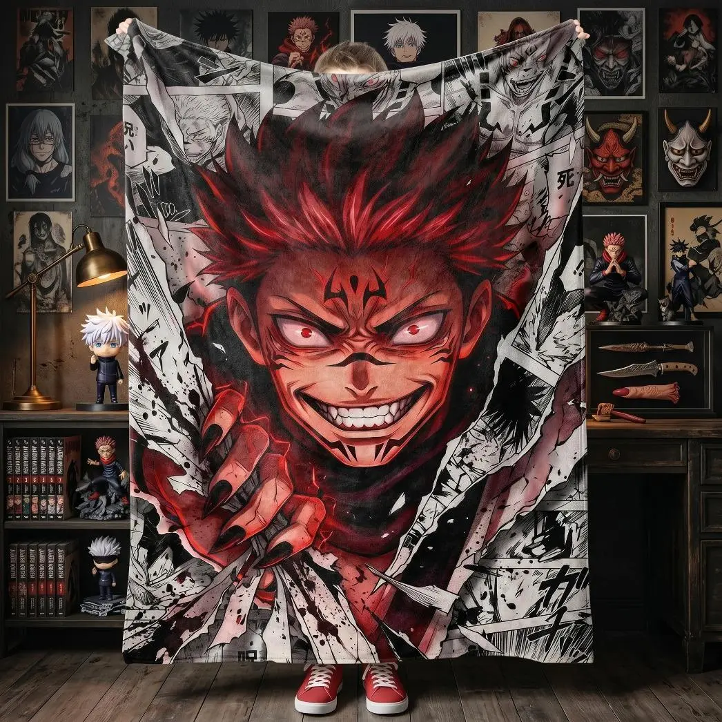 Ryomen Sukuna Jujutsu Kaisen Blanket, Manga Collage & Blood Splatter Flannel Throw, Cozy Anime Blanket for Bedroom & Gaming Setup, JJK Fan Gift