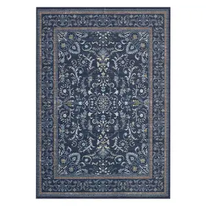 GARVEE Rugs for Living Room 10x13 Washable Large Area Rug Soft Printed Vintage Floral Low Pile Area Rugs Non Slip Soft Indoor Bedroom Carpets for Laundry Room Playroom Moroccan Carpet Dark Blue