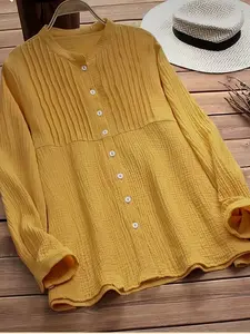 New Plus Size Women's Striped Long Sleeve Maxi Shirt Button, Loose-Fitting Casual Blouse for Spring & Fall, Plain Pattern, No Ca Prop 65 Warning