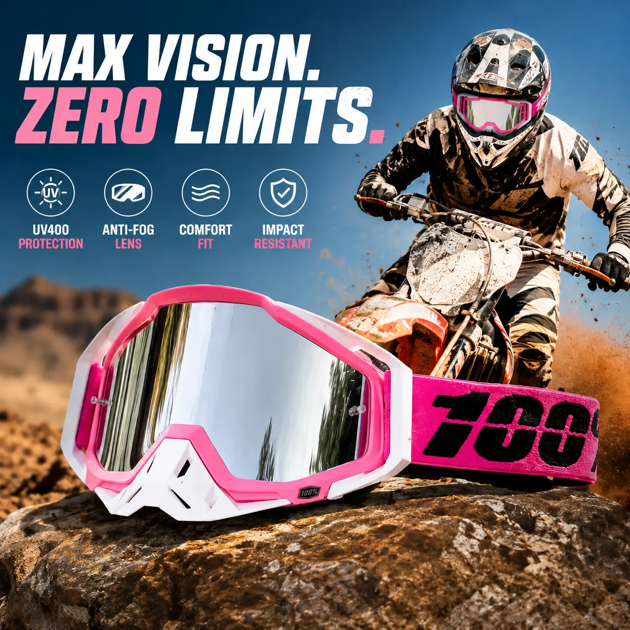100%100 percent gogglesMotocross Goggles Dirt Bike Goggles MX Off Road ATV UTV Goggles | UV400 Anti-Fog Mirror Lens, Impact Resistant, Wide Vision, Comfortable Fit for Men & Women sport cycling sunglass