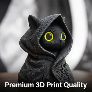 Mysterious Hooded Black Cat Statue - Gothic Emerald Eyed Cat Figurine, Biodegradable PLA 3D Printed Collectible for Halloween, Witch Decor, Cat Lovers