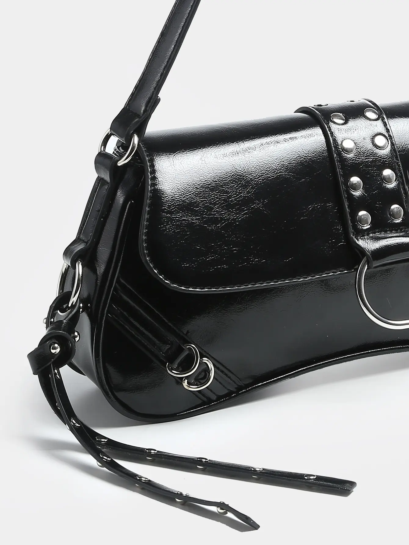 Edgy Y2K Black Baguette Bag for Women - Glossy Faux Leather with 