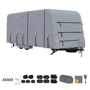 RV-Cover 18-20 ft Travel Trailer Camper Cover - Extra-Thick Upgraded Heavy Duty Layers,Waterproof Rip-Stop RV Covers with Adhesive Repair Patches, 4Pcs Extra Straps & 4 Tire Covers,Grey