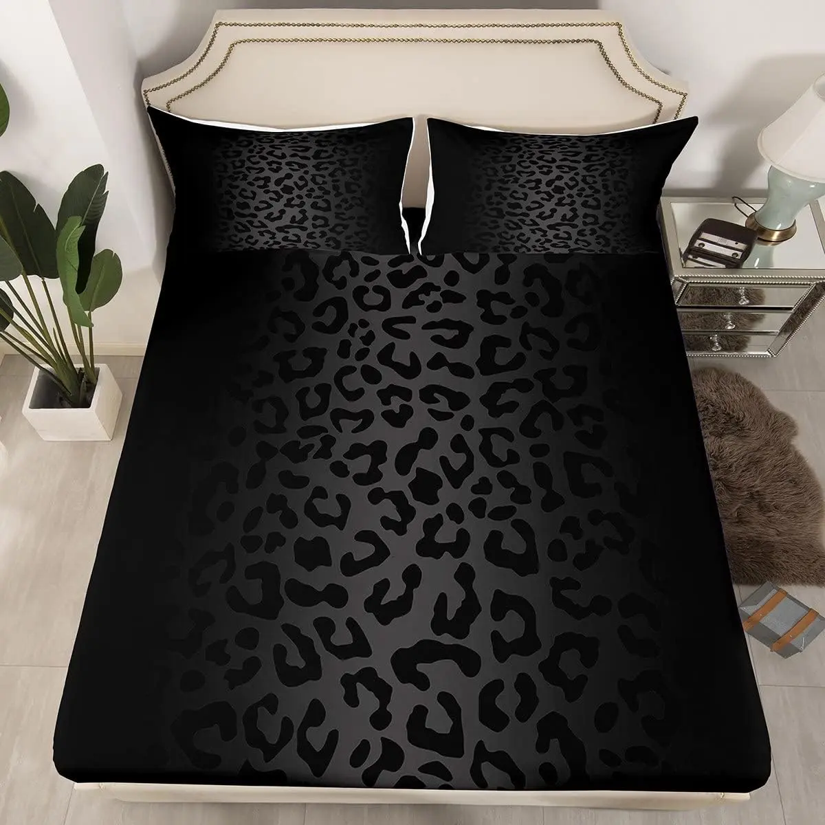 Feelyou Leopard Print Microfiber Bed Set - Leopard Print Sheets, Black Wild Animal Decor Bedding, Deep Pocket Elastic Fitted Sheet, Safari Room Decor, Full/Twin Size Options, Bed Linens, Bedding With Sheets