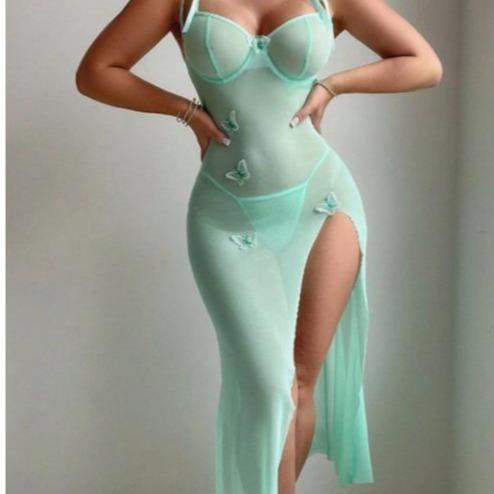 Summer Sexy Sheer Long Dress Tempting Lace High Slit Mesh Dress Casual Womenswear Basic Minimalist Sleeveless Sky Blue Spaghetti Strap anna  woodz  coachella  outfit Formal